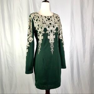 Gianni Bini emerald green bodycon long sleeve dress metallic embroidery S